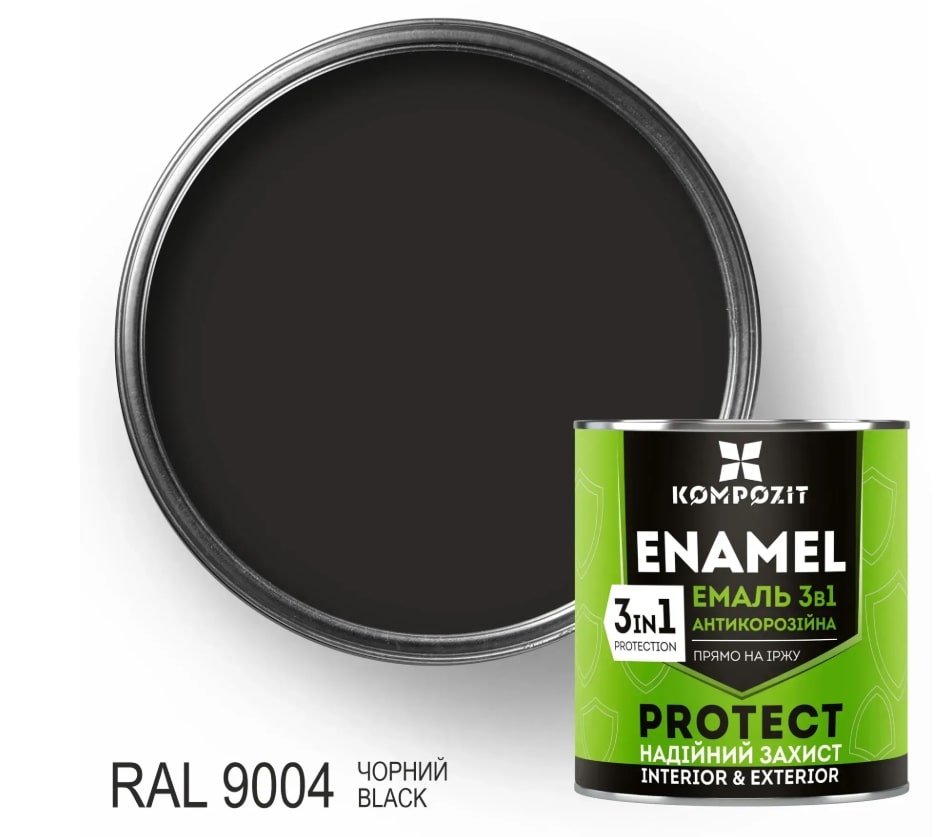 Емаль антикорозійна 3 в 1 Kompozit PROTECT RAL 9004 чорний шовковисто-матовий 2,7 кг.